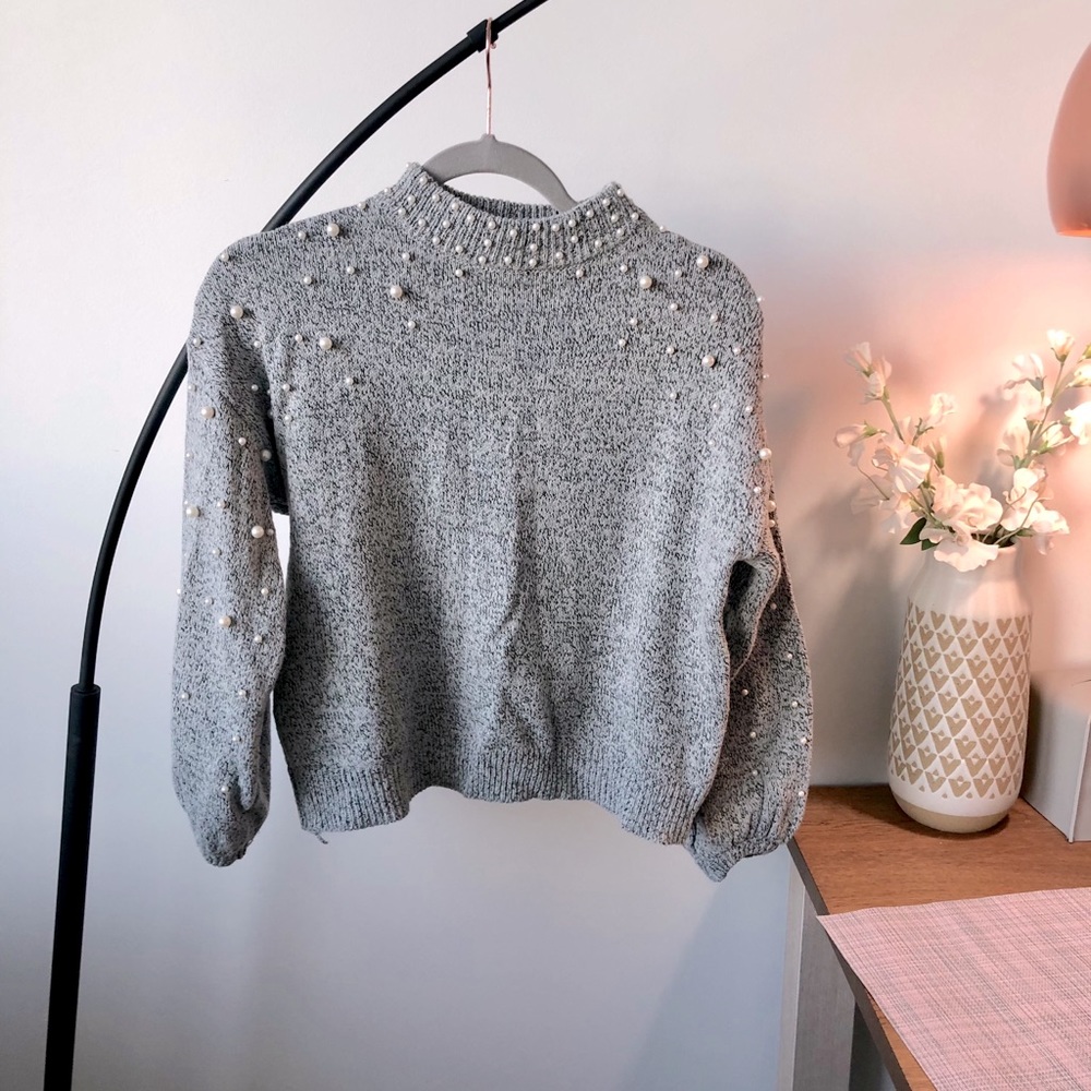 Beaded grey high-neck sweater